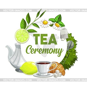 Tea ceremony poster, black beverage in cup - royalty-free vector clipart