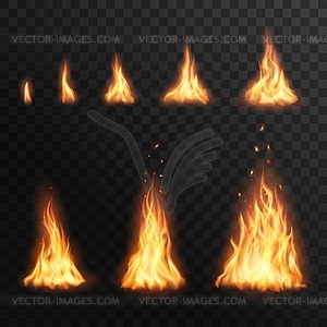 Flaring up fire stages, burning campfire - vector clip art