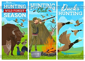 Duck bird, wild animals hunting banners - vector image