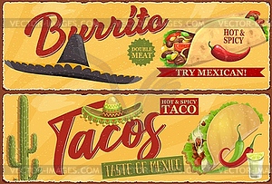 Mexican burrito and tacos retro banners - vector image