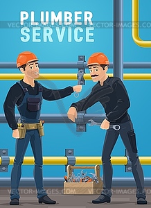 Plumber service workers repairing pipeline - vector clipart