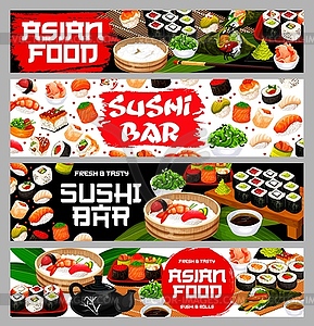 Asian food sushi and rolls, Japanese restaurant - vector clip art