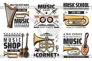 Music icons, concert festival, instruments shop - vector image