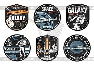 Galaxy explorer, space travel icon set - vector image