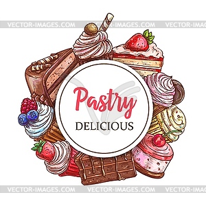 Cakes and cupcakes pastry round banner - vector image