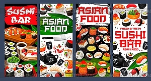 Sushi bar asian food banners, Japan restaurant - vector clip art