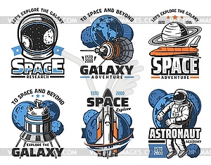 Space adventure, galaxy exploration icons - vector clipart