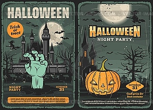 Halloween pumpkin, witches, bats, haunted house - vector clip art