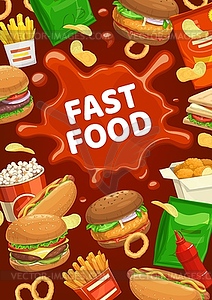 Fast food burger and snacks with ketchup spot - color vector clipart