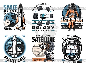 Space and planets exploration icons - vector image