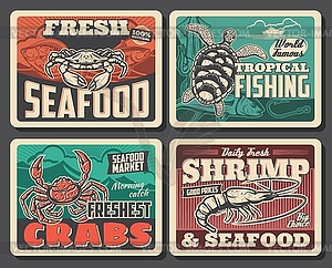 King or shear crab, turtle or shrimp retro posters - vector clip art