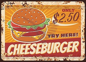 Cheeseburger fast food rusty metal plate, - vector clip art