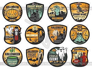 Halloween icons of pumpkins, ghosts, bats, witches - vector image