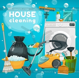 House cleaning and laundry supplies poster - vector clipart