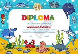 Kids diploma with underwater animals, award border - vector clipart
