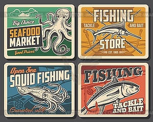 Tuna fish, marlin, squid and octopus retro posters - vector image