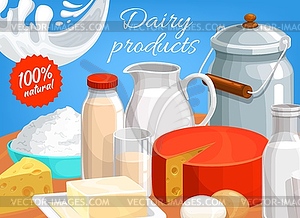 Dairy products curd, butter, cheese, cream - vector image