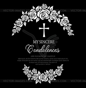 Funeral card with rose flowers wreath and cross - vector clipart