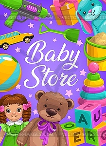 Baby store kids toys shop cartoon poster - vector clip art