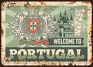 Portugal rusty metal plate, rust tin sign - vector clip art