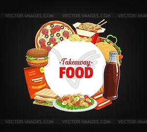 Fast food round banner , cartoon meals frame - vector clipart / vector image
