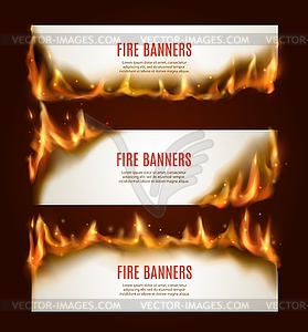 Burning paper horizontal banners with fire - vector clip art