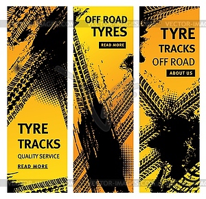 Tire prints, car offroad tyres with grunge marks - color vector clipart