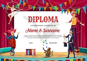 Education diploma, certificate with circus artists - vector image