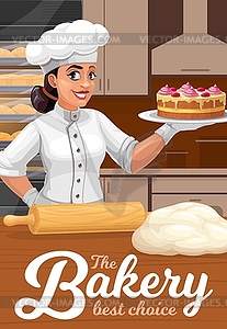 Patisserie, bakery and pastry shop baker with cake - vector image