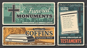 Funeral service, burial coffins, RIP monuments - vector clipart