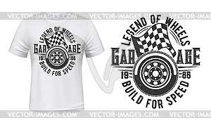 Car wheel, racing checkered flag t-shirt print - vector clipart