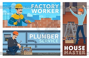 Plumber, builder and house master banner - vector clip art