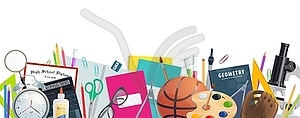 School supplies banner with education item border - vector clip art