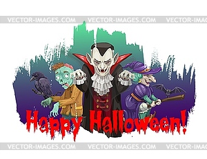 Счастливый Хэллоуин персонажи мультяшный плакат - векторный клипарт EPS