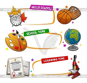 School supply and student book banners, education - vector image