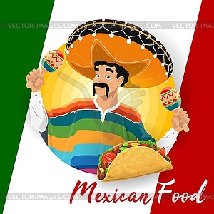 Mexican cuisine food with taco and mariachi man - vector clip art