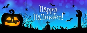 Happy Halloween cemetery with zombie hand banner - vector image