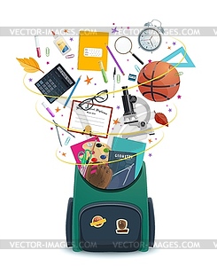 Школьная сумка или рюкзак со студенческими принадлежностями - векторный графический клипарт