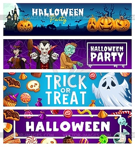 Halloween party banners, pumpkins, ghosts, candies - vector image