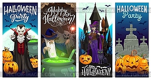 Halloween pumpkins, witch, ghosts. Party banners - vector clip art