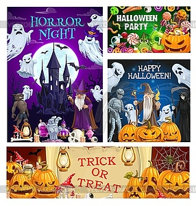 Halloween pumpkins, bats, ghosts, mummy and death - vector clipart