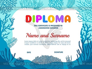 Diploma for underwater explorer with seaweeds - vector clipart