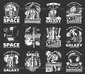 Outer space explore monochrome icons set - vector clipart