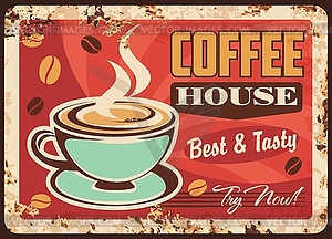 Coffeehouse hot drink rusty metal plate - vector image