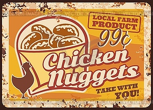 Chicken nuggets rusty metal plate, takeaway food - vector image