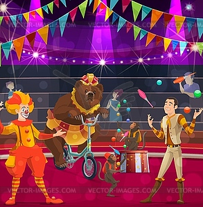 Circus performers poster clown, bear and tamer - vector image