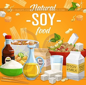 Soy products, soybean organic food poster - vector clipart