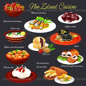 New Zealand cuisine meat meals and desserts - vector clipart
