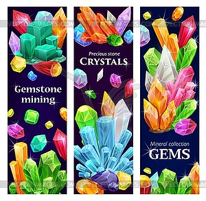 Crystal gems, gemstones cartoon banners - vector clipart