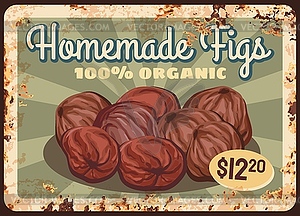 Figs fruits rusty metal plate, sweet food price - vector clip art